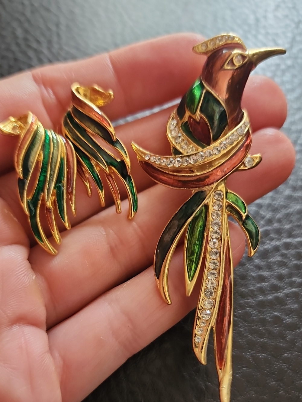 VTG Gold-Tone Green & Red Enamel Bird Brooch and Earrings Set